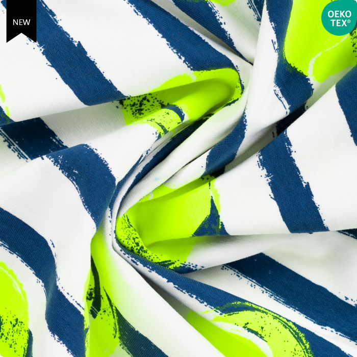 French terry wit donkerblauw gestreept met neon tennisballen  - Qjutie & the Qjutest